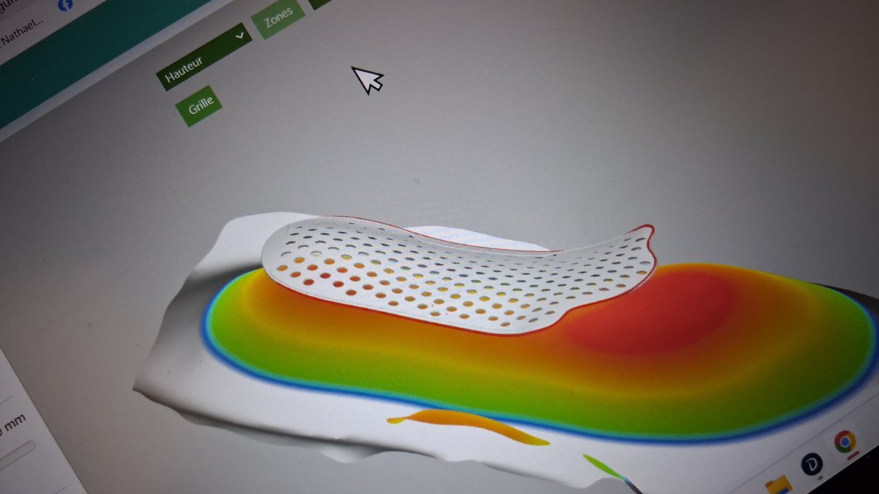 À l'écran du logiciel de conception, la semelle modélisée en trois dimensions se pose sur l'empreinte du pied, elle-même colorée selon les pressions.